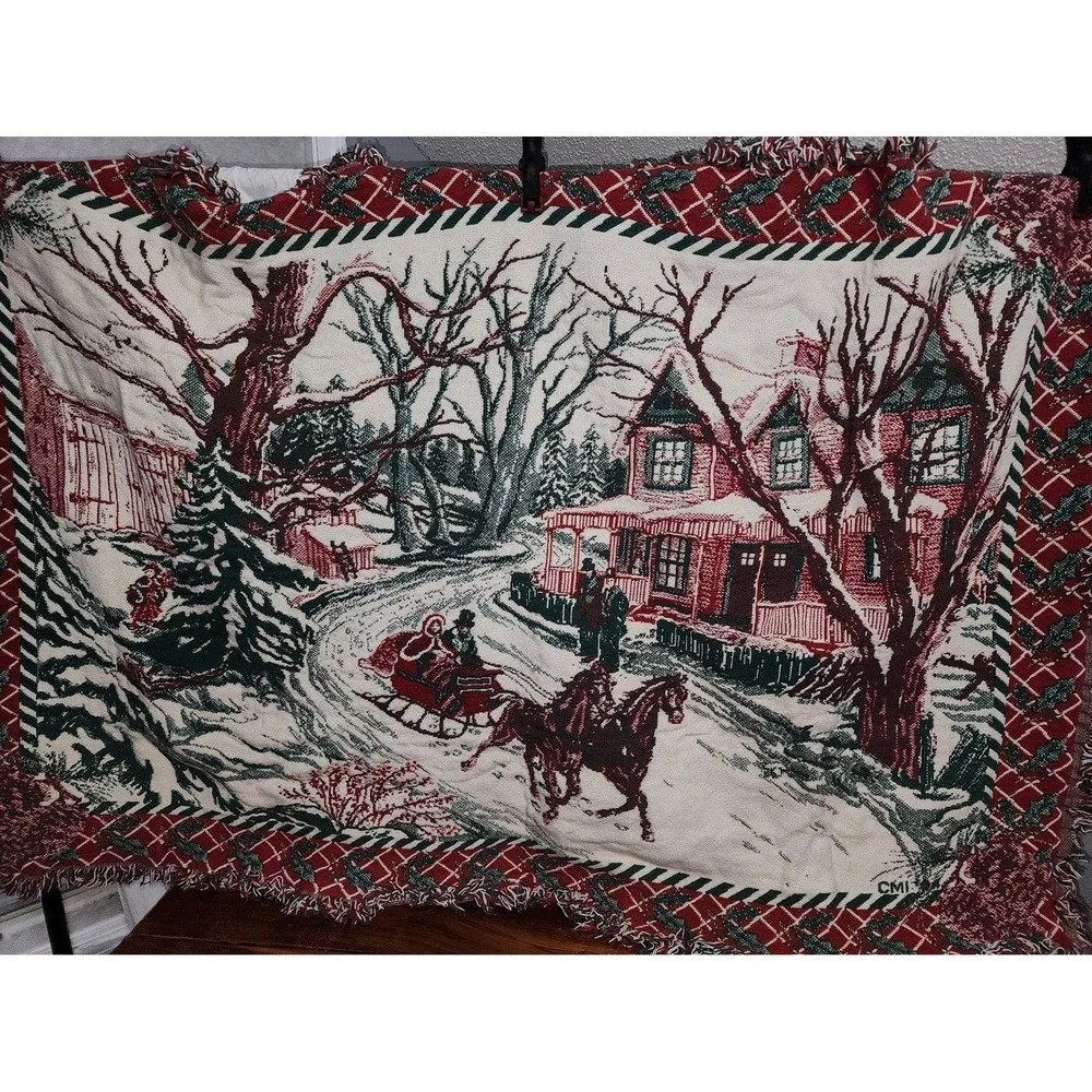 Beautiful Winter Scene Woven‎ Blanket Horse Sled Barn Snow
